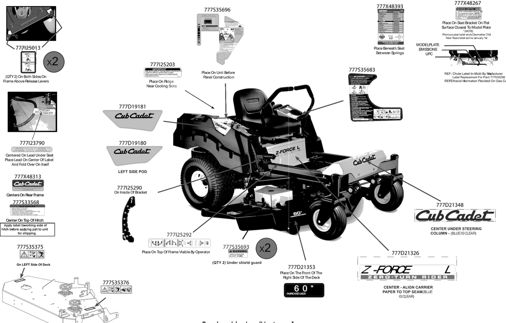 Label Map Diagram and Parts List for Z-FORCEL60KH (17BSDALD009)(2016) Cub Cadet Lawn Tractor